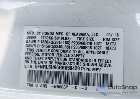 2016 Honda Odyssey Touring/Touring Elite from USA, damaged, VIN 5FNRL5H96GB058429